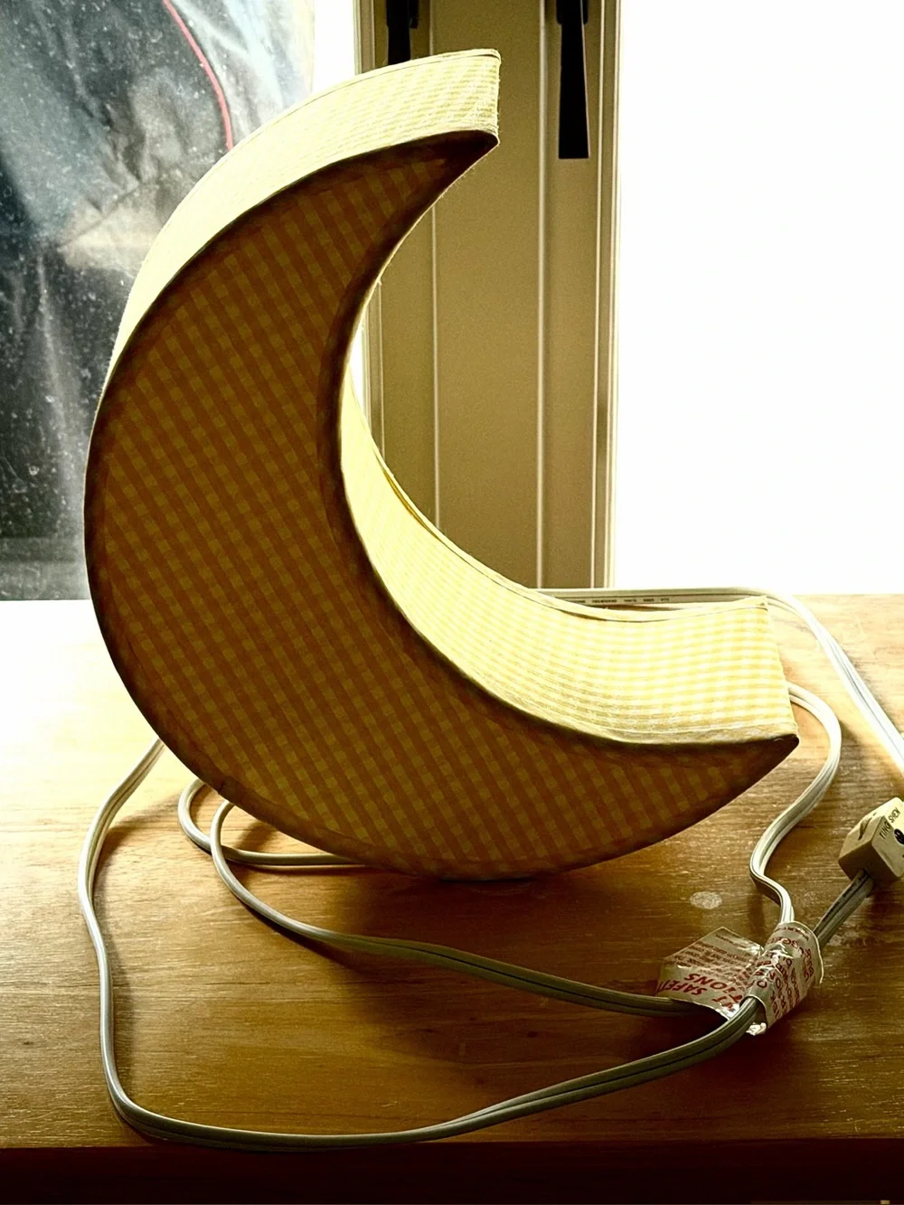Crescent Moon Nursery Lamp Yellow Gingham Baby Room Night Light 10” Decor